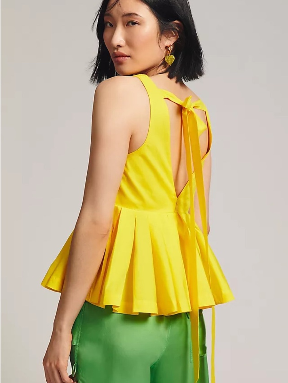 Yellow Tie-Back Peplum Tank Top - Women